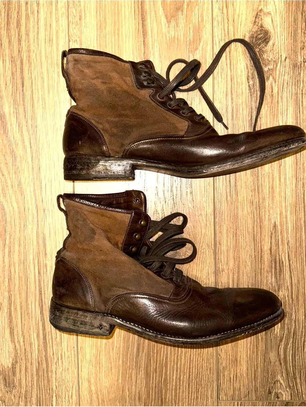 John Varvatos Brown Leather & Canvas Lace-Up Boots